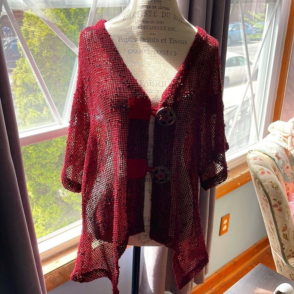 Keren Hart red open weave 100% cotton large coverup, vest, blouse
